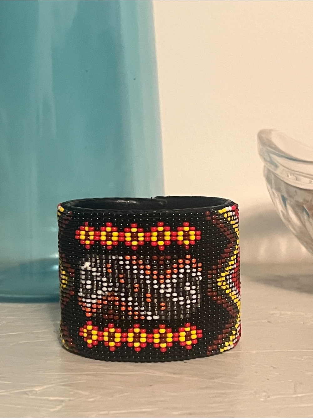 Beaded Black Multicolor Cuff Bracelet - Handcrafted Navajo piece for protection